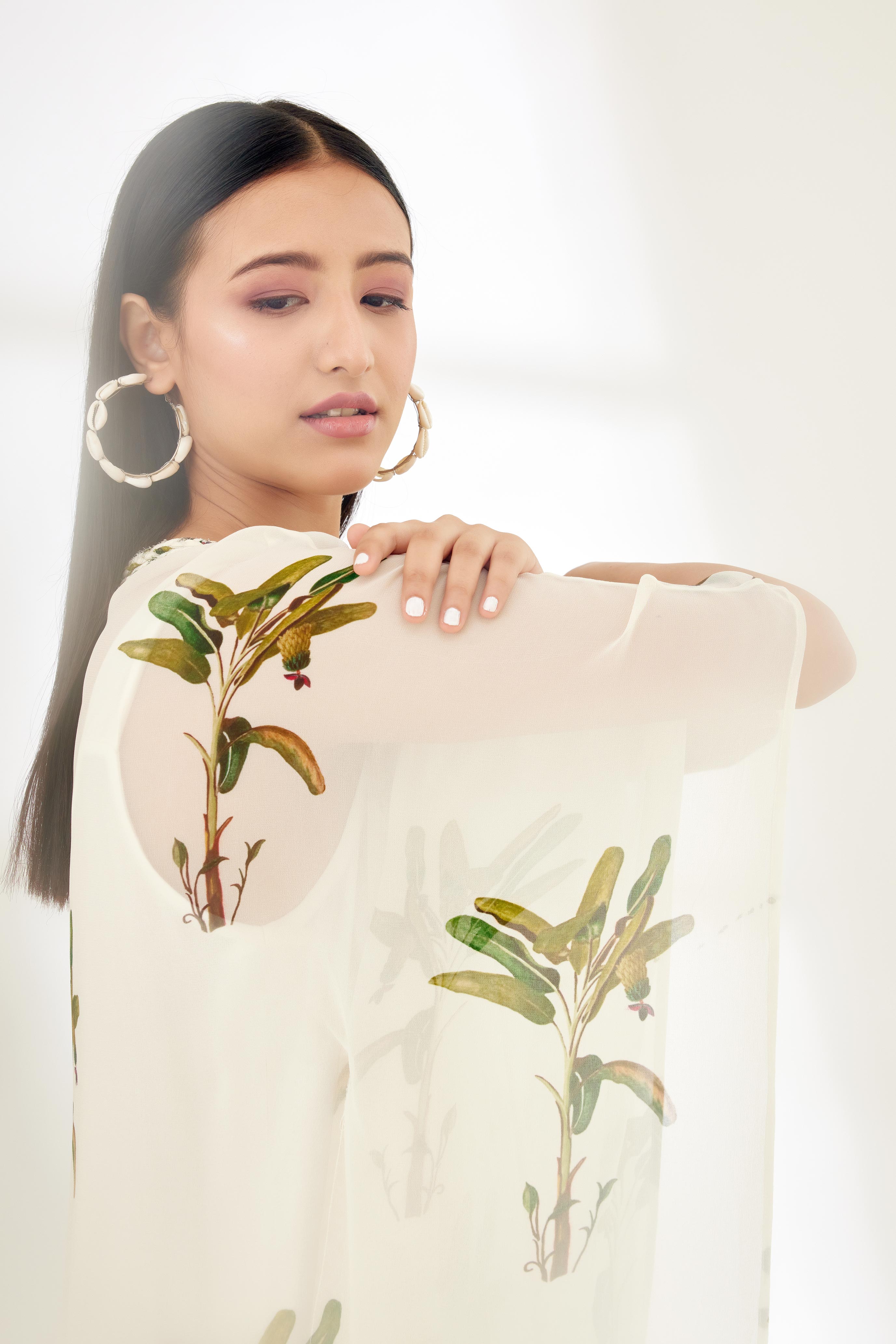 Off-White Hand painted Banana Tree Print Kaftan Dress