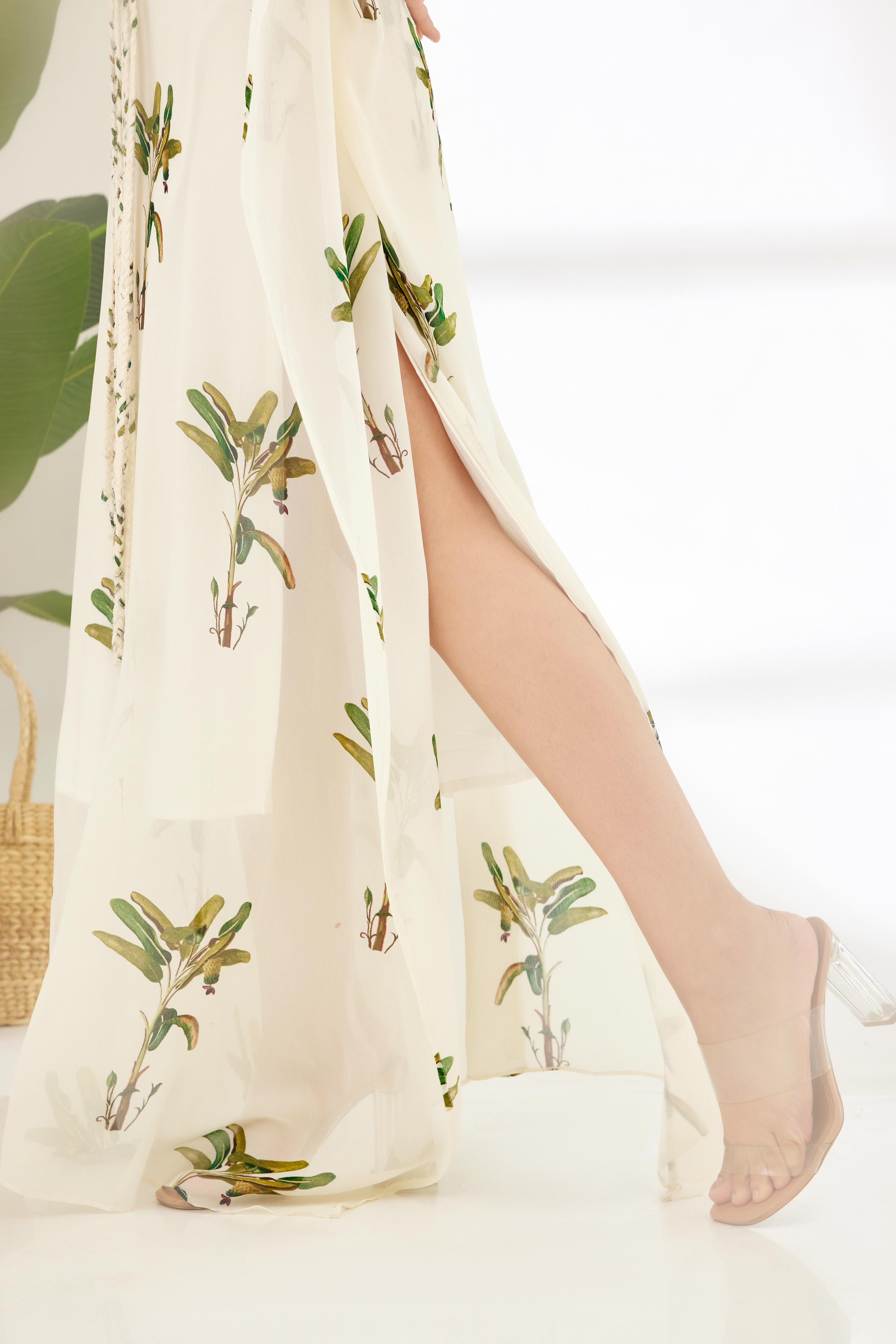 Off-White Hand painted Banana Tree Print Kaftan Dress