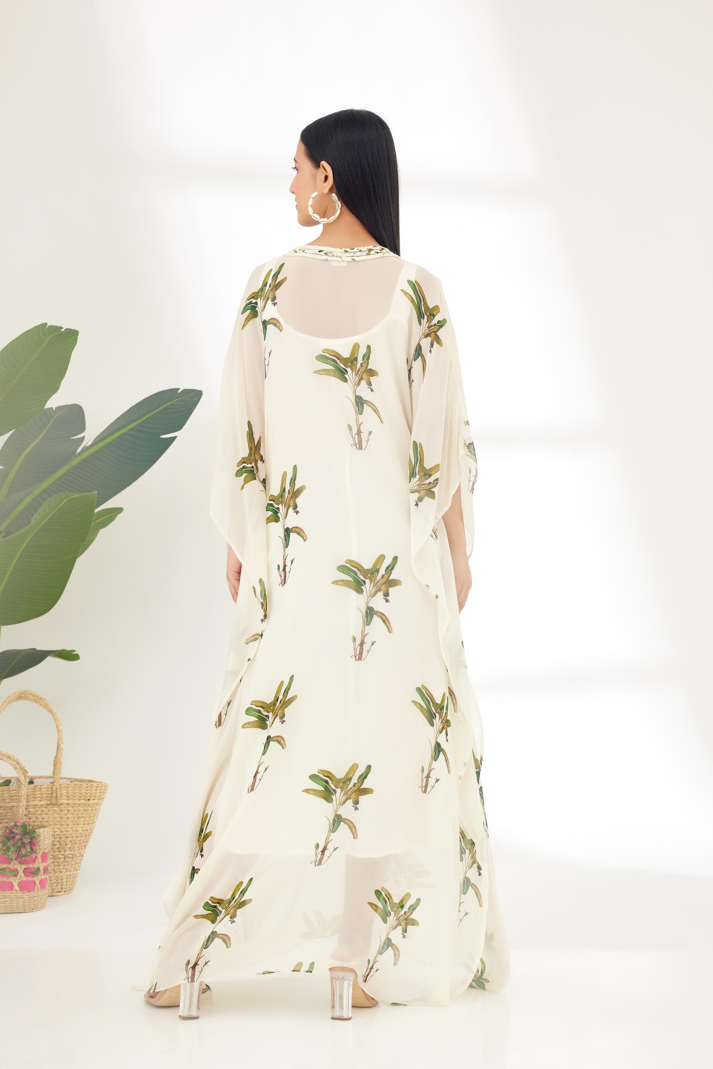 Off-White Hand painted Banana Tree Print Kaftan Dress