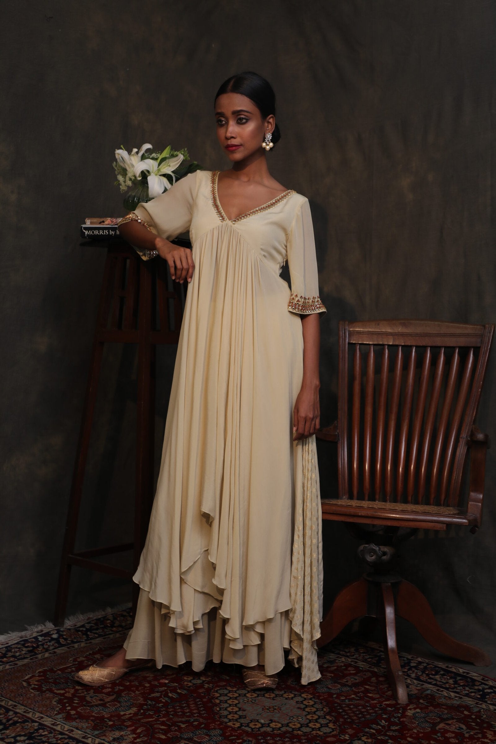 Antique jade crepe asymmetrical kalidar with a double layer sharara