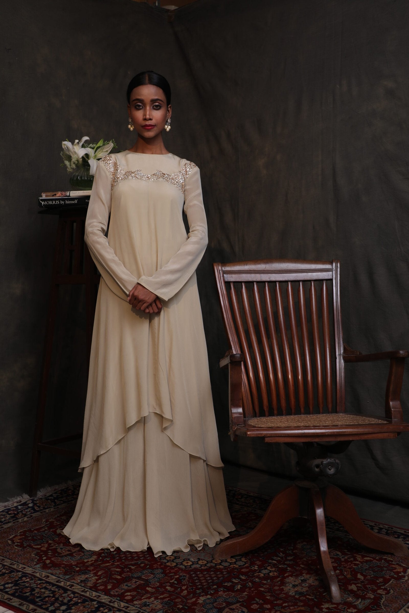 Antique jade crepe asymmetrical tunic with a front open sharara