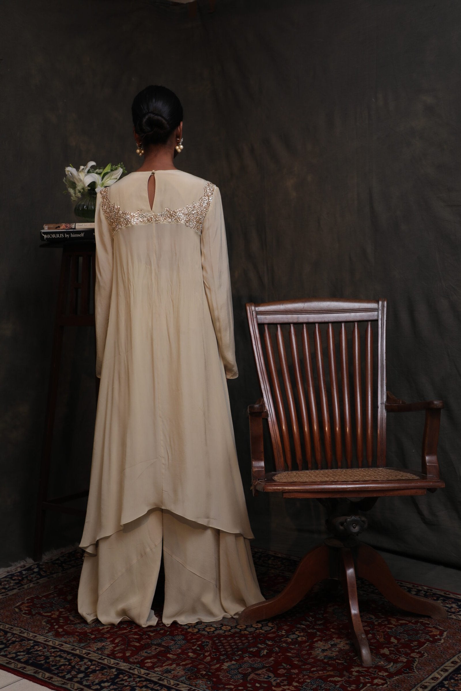 Antique jade crepe asymmetrical tunic with a front open sharara