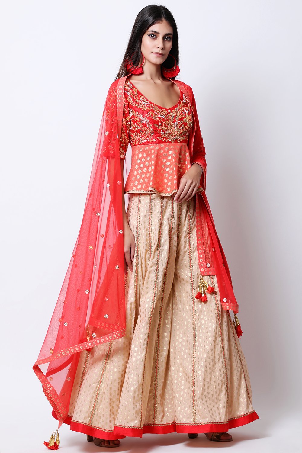 Gajari lotus gold printed peplum blouse with dupatta and light tabacco gold printed jasmine bud sharara.