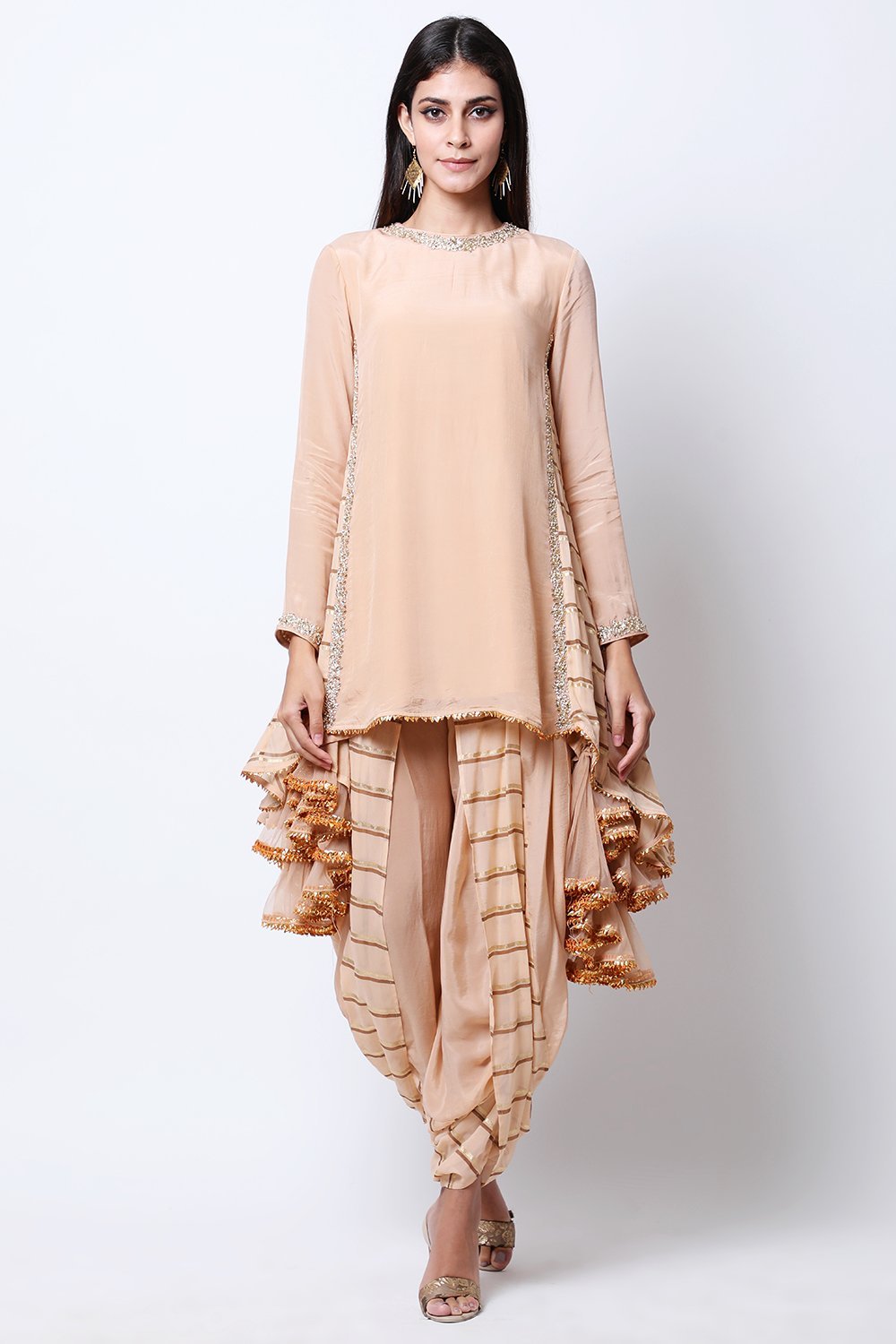 Light Tabacco asymmetric tunic print side godets with cowl dhoti.