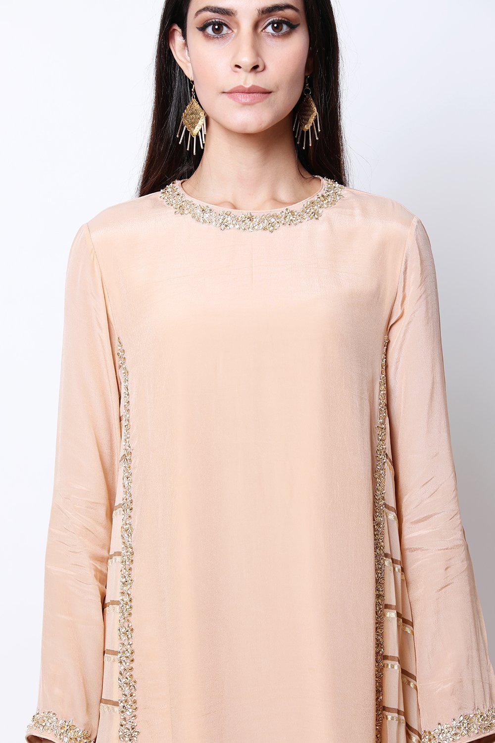 Light Tabacco asymmetric tunic print side godets with cowl dhoti.