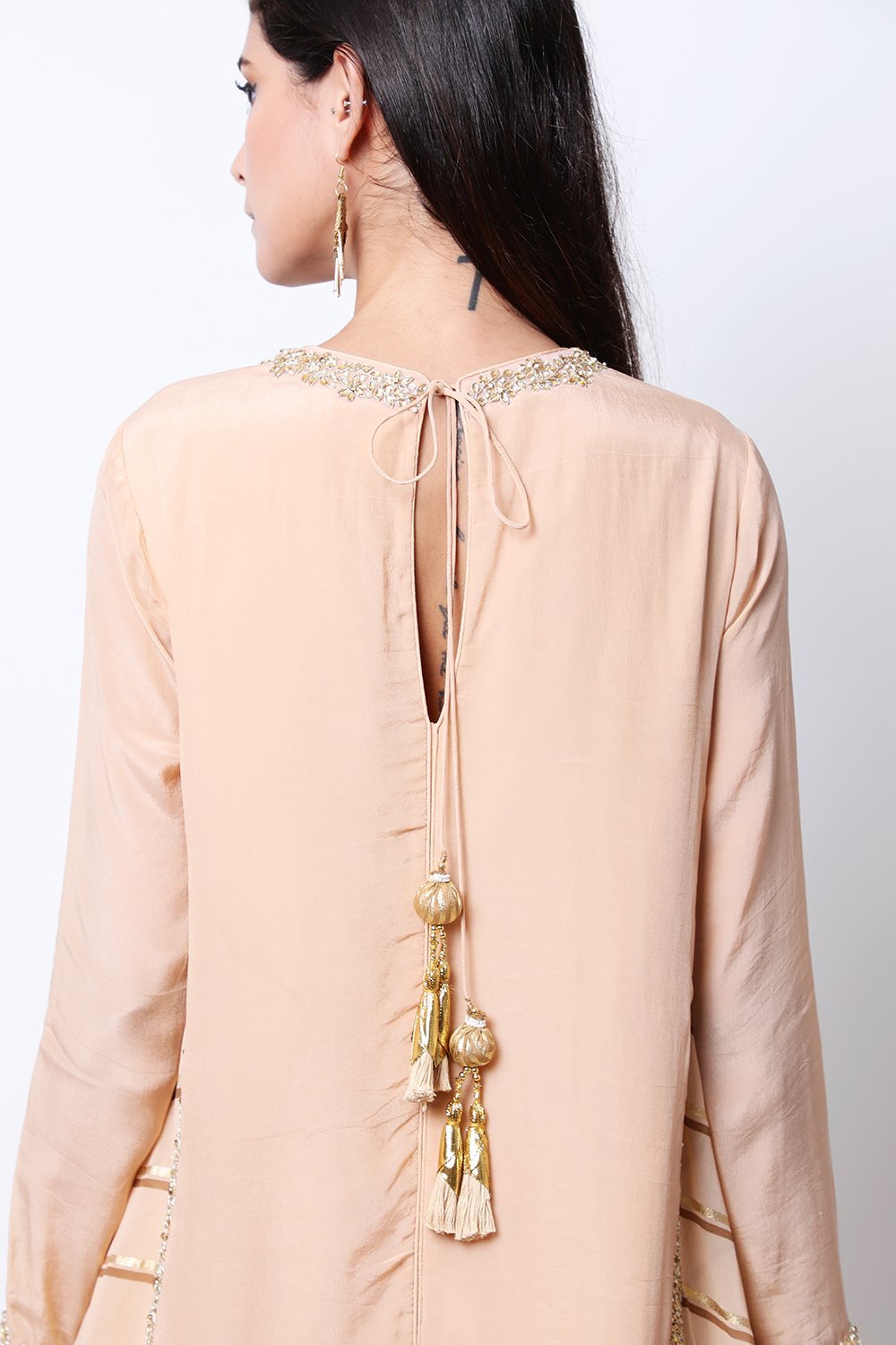Light Tabacco asymmetric tunic print side godets with cowl dhoti.