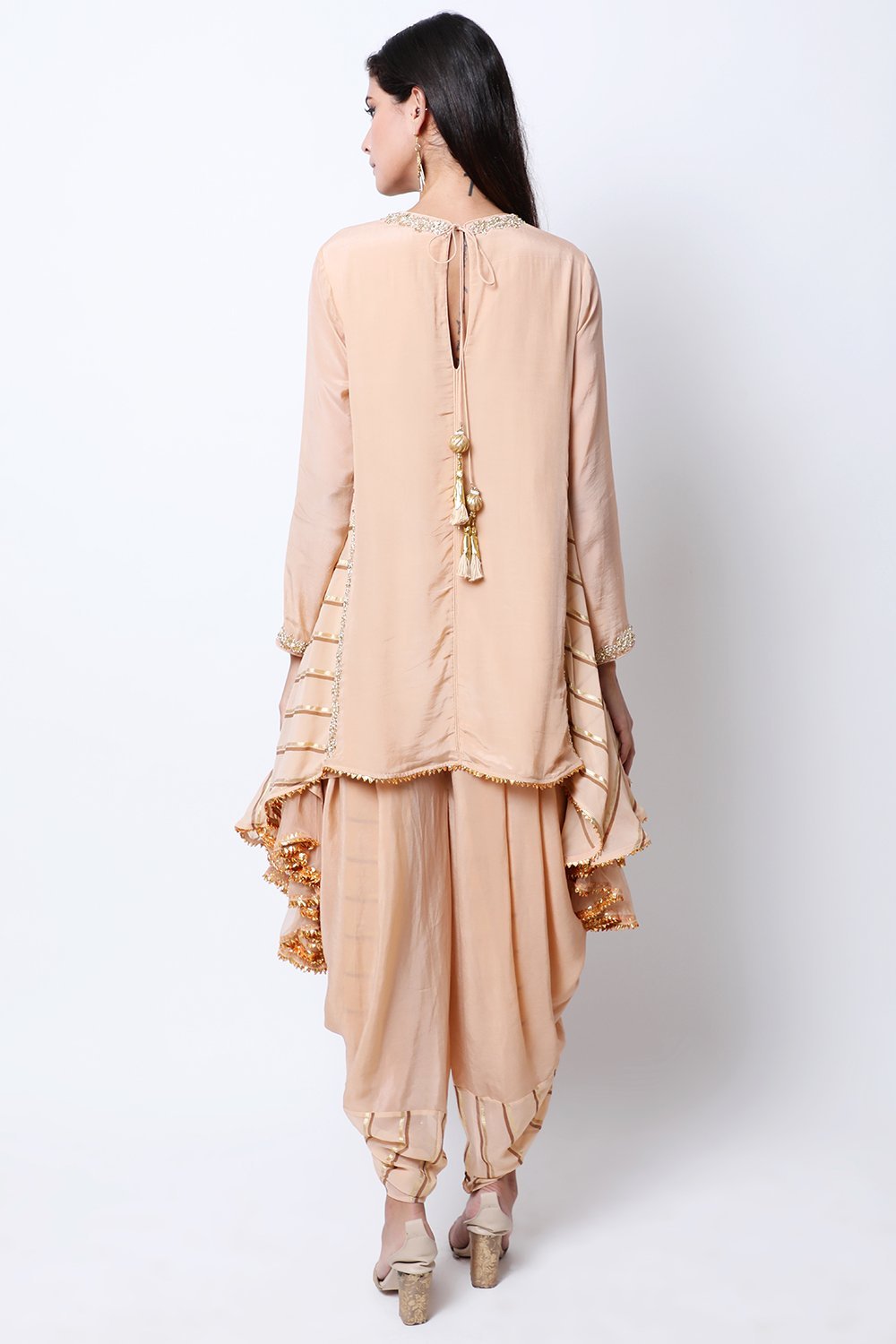 Light Tabacco asymmetric tunic print side godets with cowl dhoti.