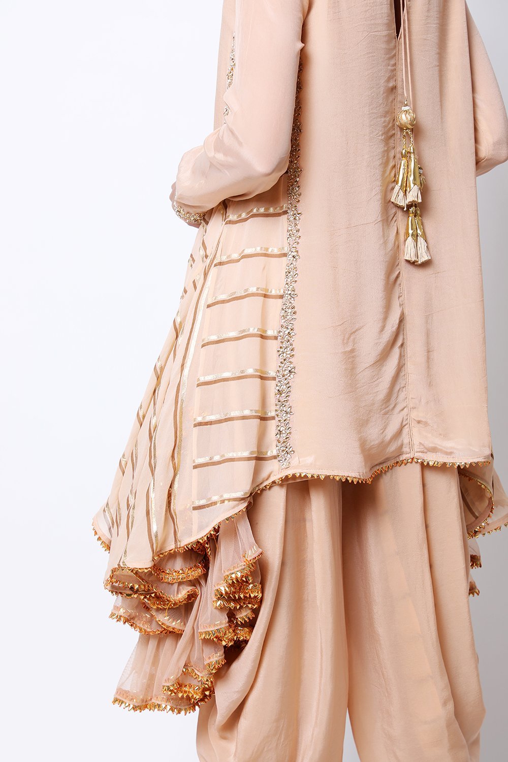 Light Tabacco asymmetric tunic print side godets with cowl dhoti.