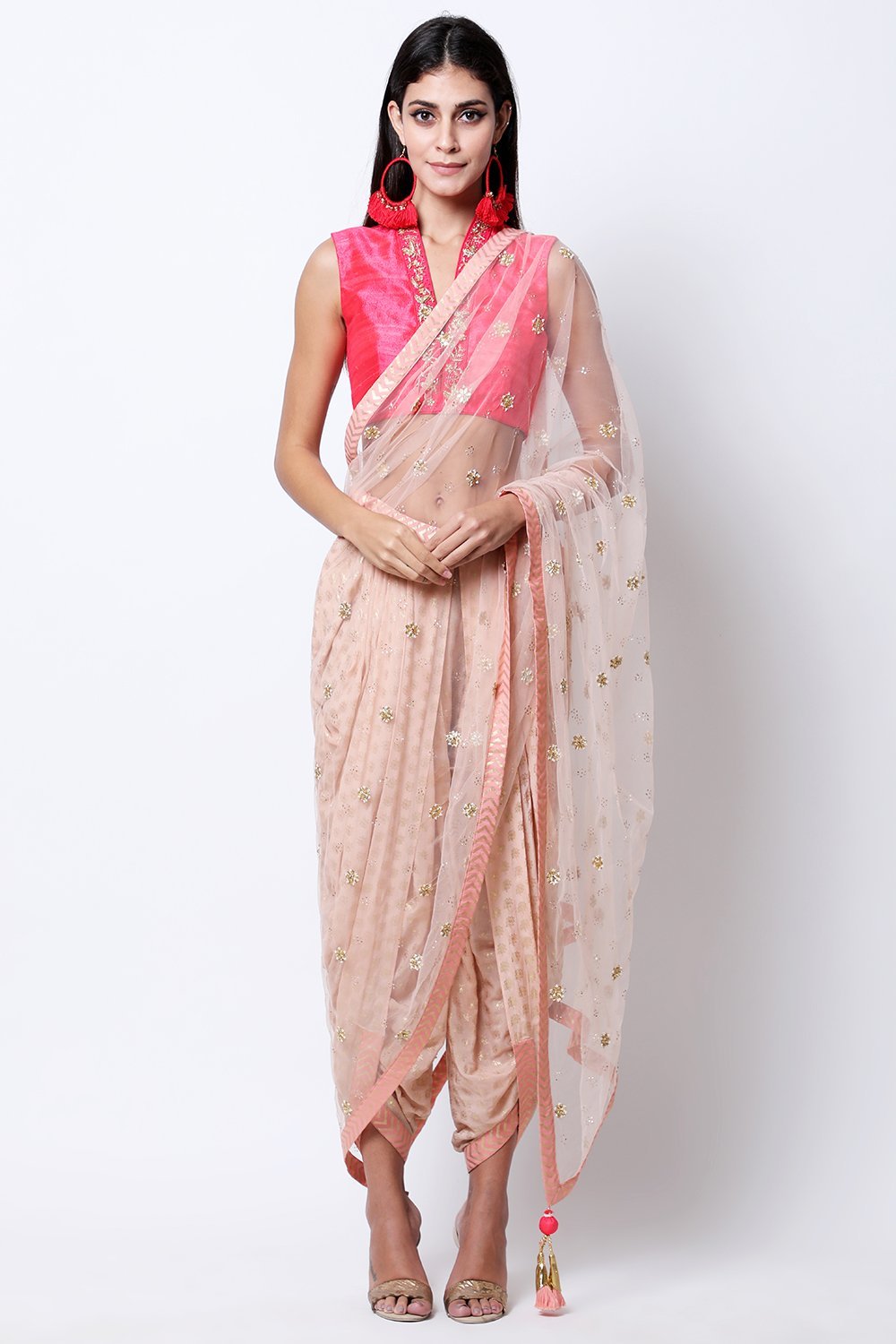 Light Tabacco lotus gold printed dhoti with attached dupatta with blouse.