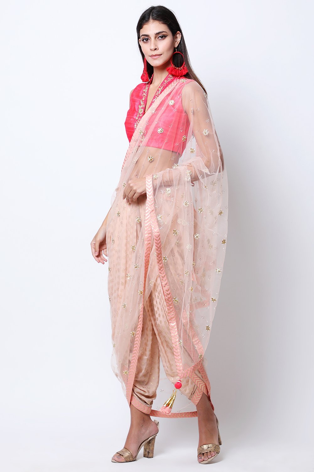 Light Tabacco lotus gold printed dhoti with attached dupatta with blouse.