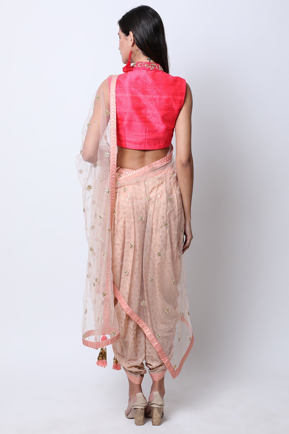 Light Tabacco lotus gold printed dhoti with attached dupatta with blouse.