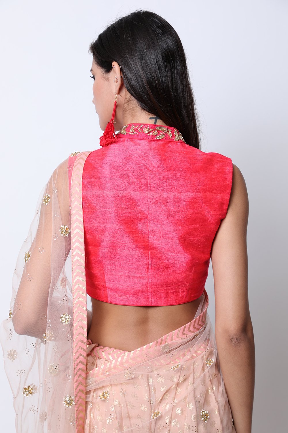 Light Tabacco lotus gold printed dhoti with attached dupatta with blouse.