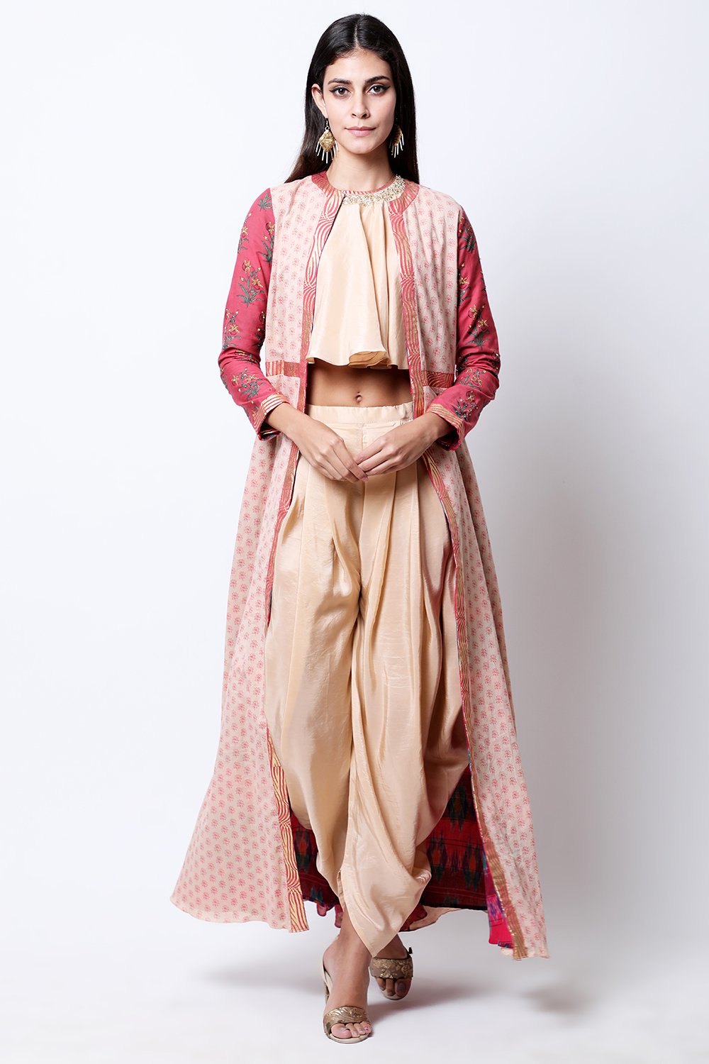 Burgundy and Light Tabacco hand-printed long jacket , paired with flare halter neck top and dhoti.