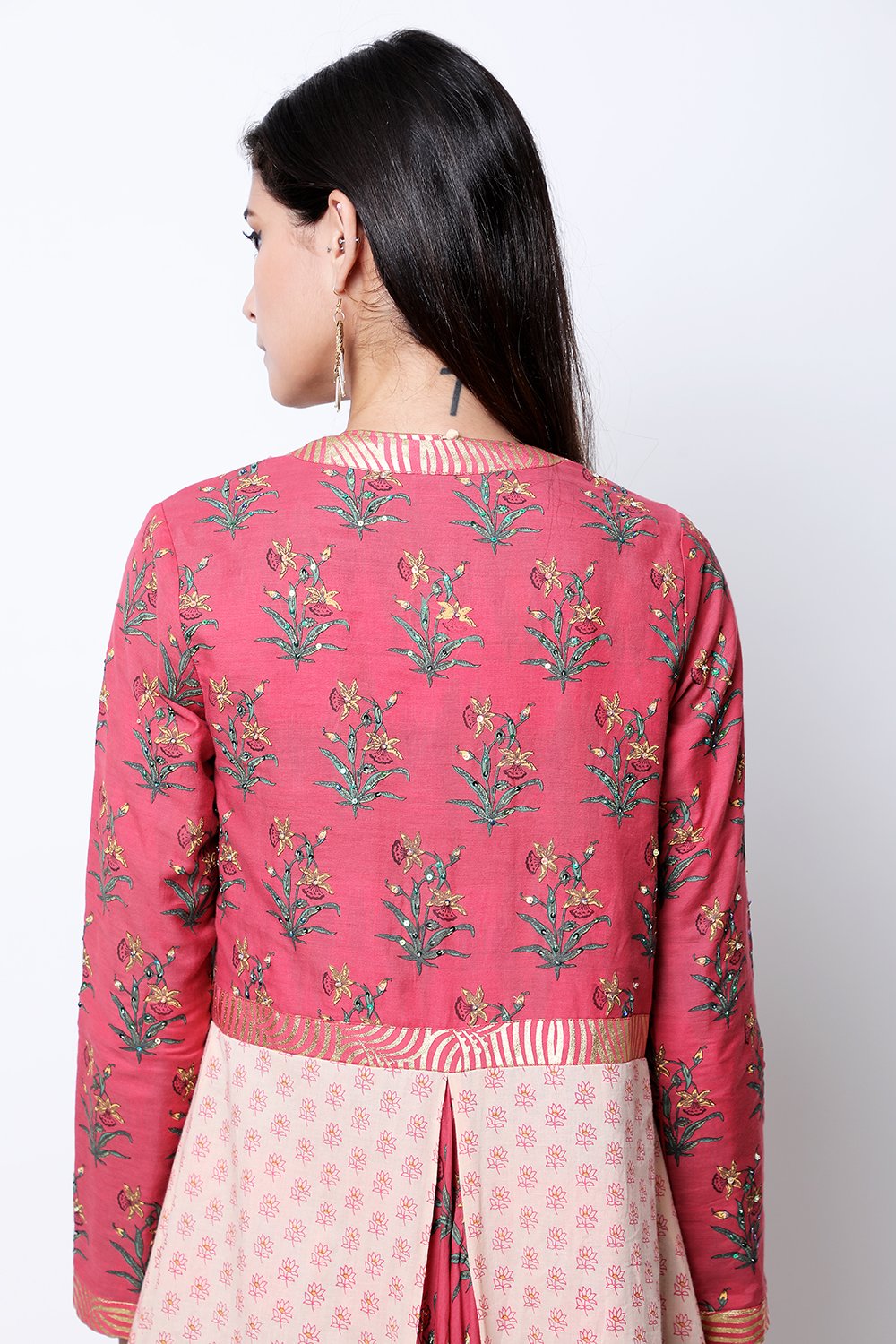 Burgundy and Light Tabacco hand-printed long jacket , paired with flare halter neck top and dhoti.