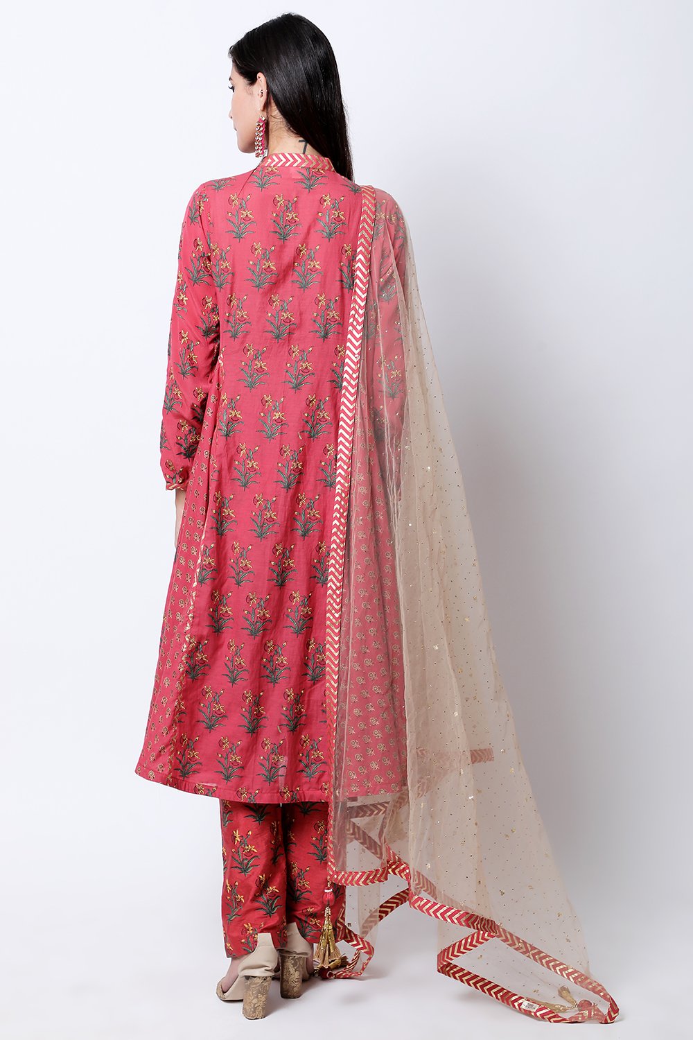 Burgundy hand-printed godet kalidar with ghee dupatta and pants.
