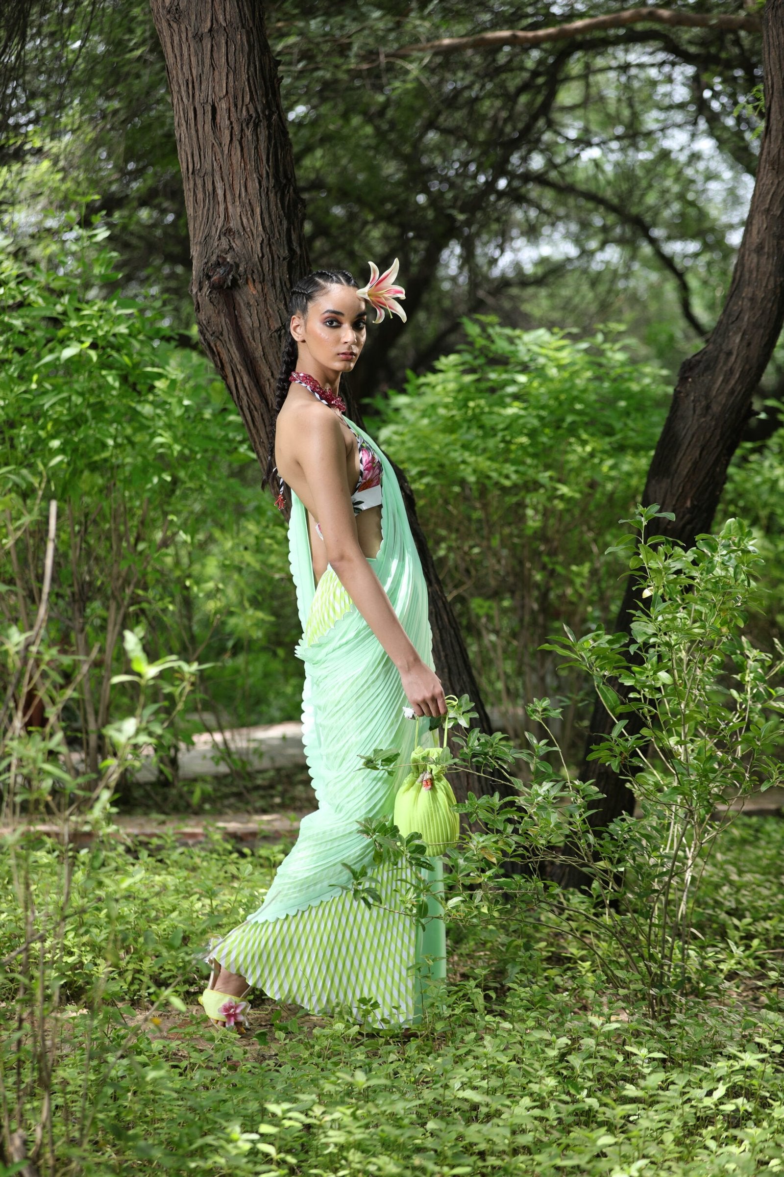 Lime pre-pleated ggt saree with pista palla and printed unstitched blouse fabric