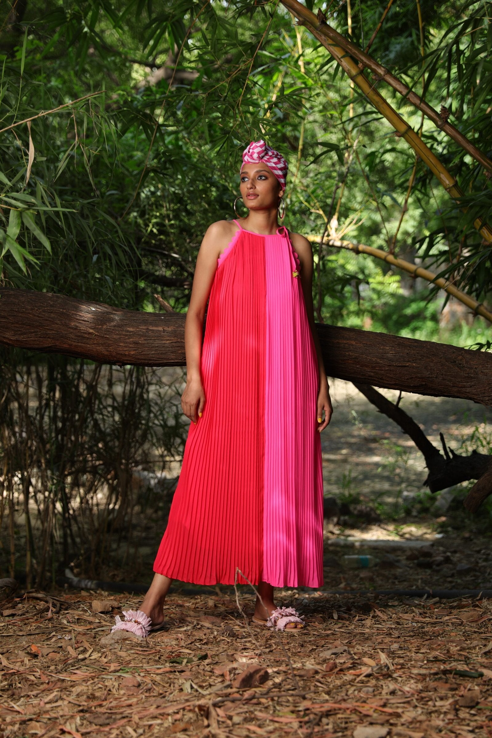 Coral and pink halter georgette dress