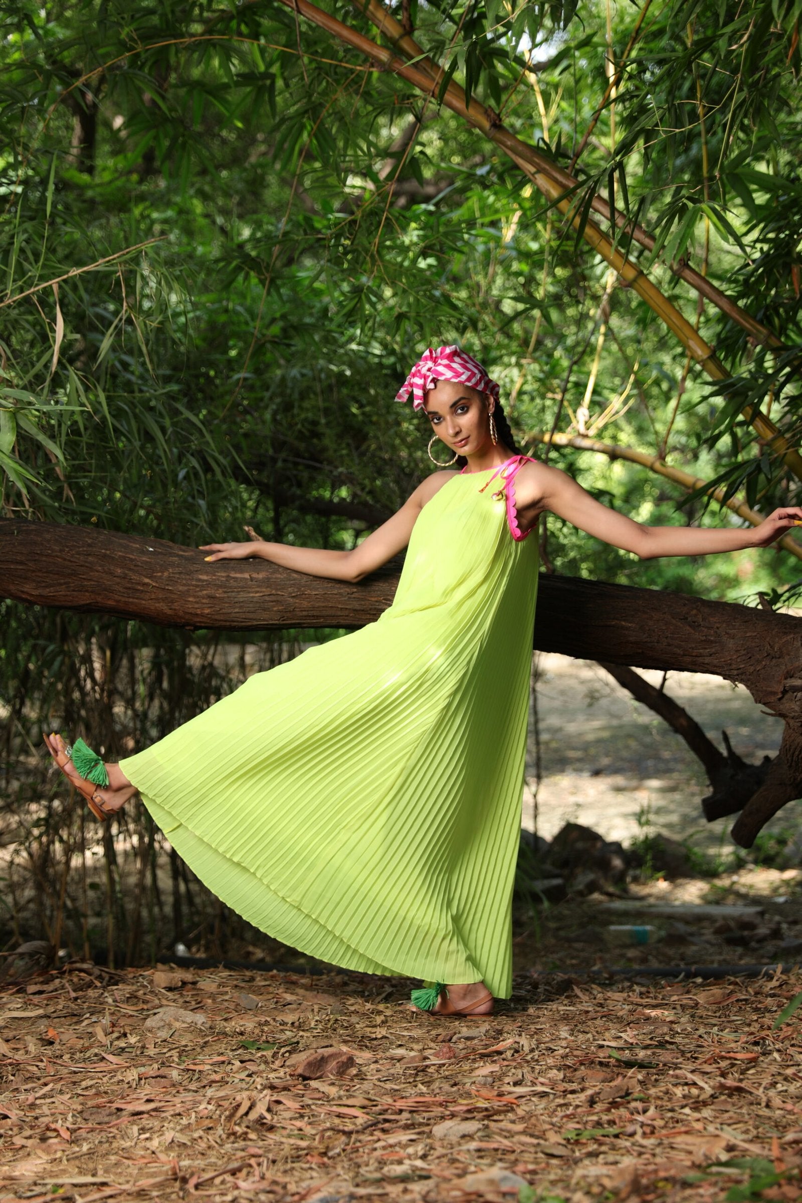 Lime pleated halter georgette dress