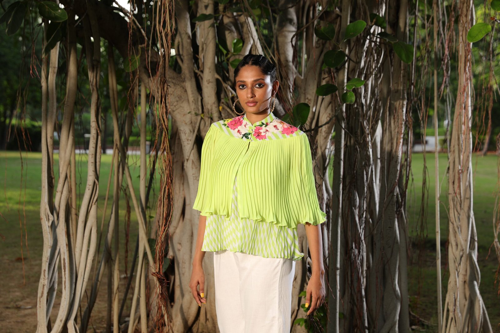 Lime pleated floral emb cape with lehariya top