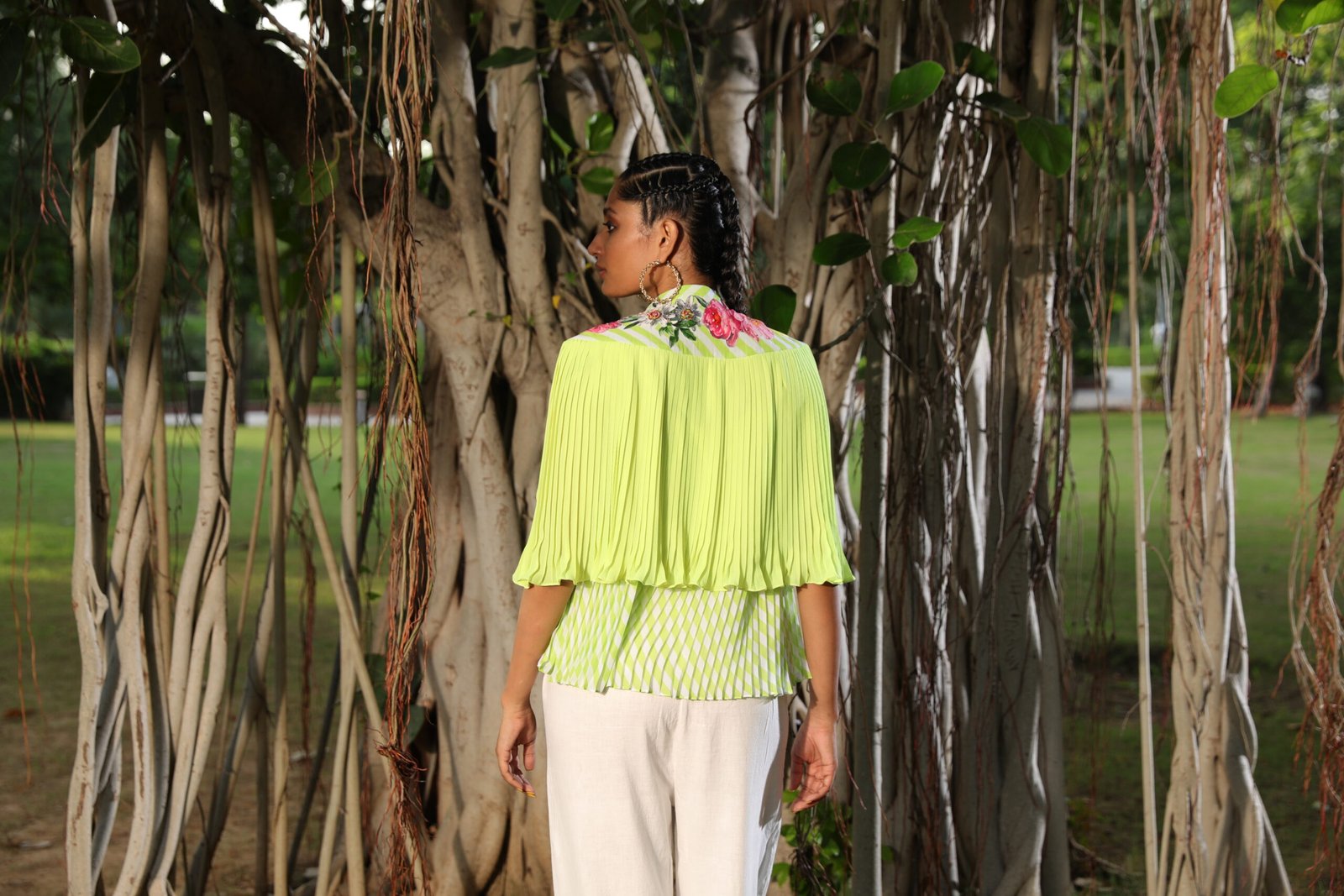 Lime pleated floral emb cape with lehariya top