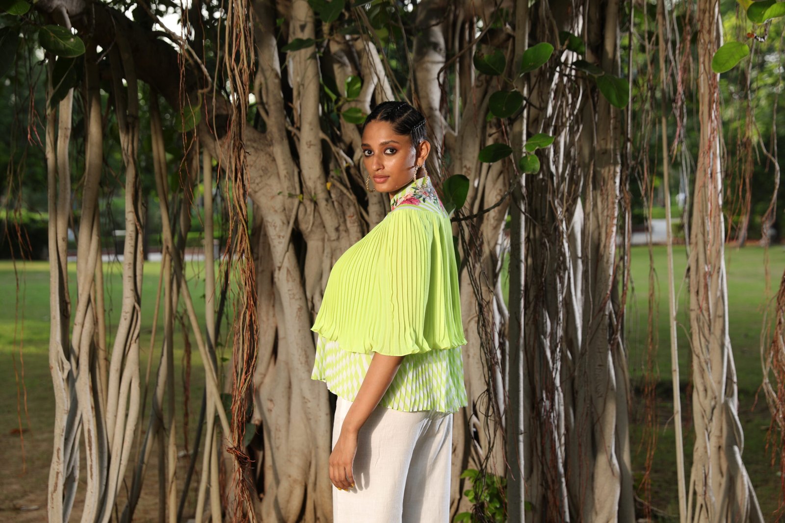 Lime pleated floral emb cape with lehariya top