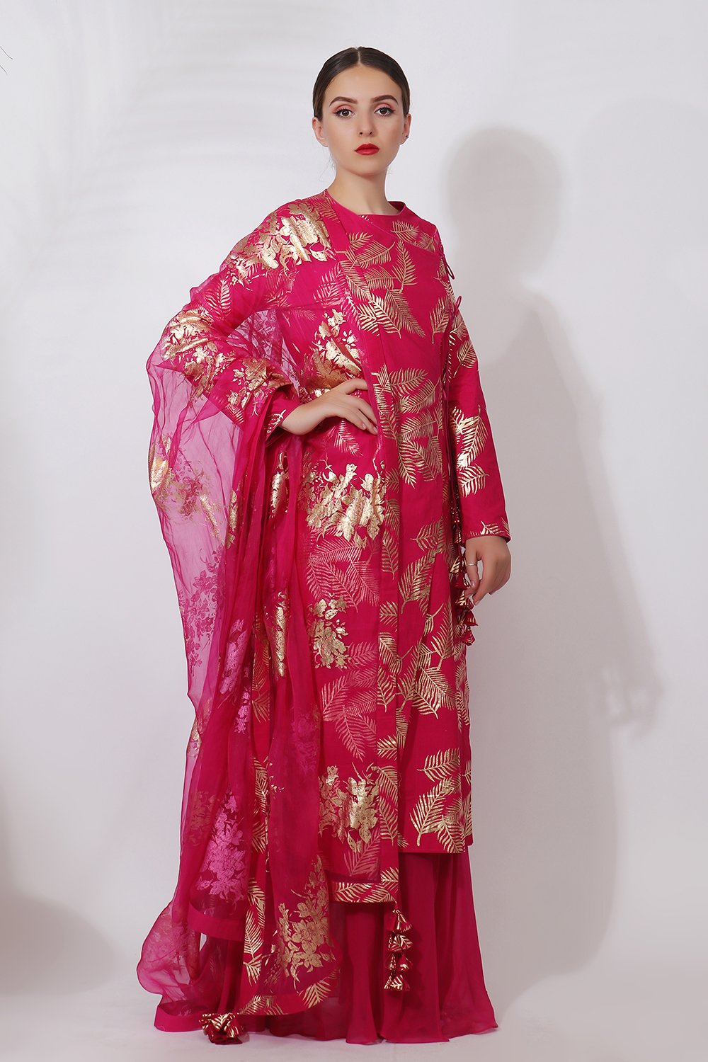 Angrakha style staight kurta with front open sharara and dupatta