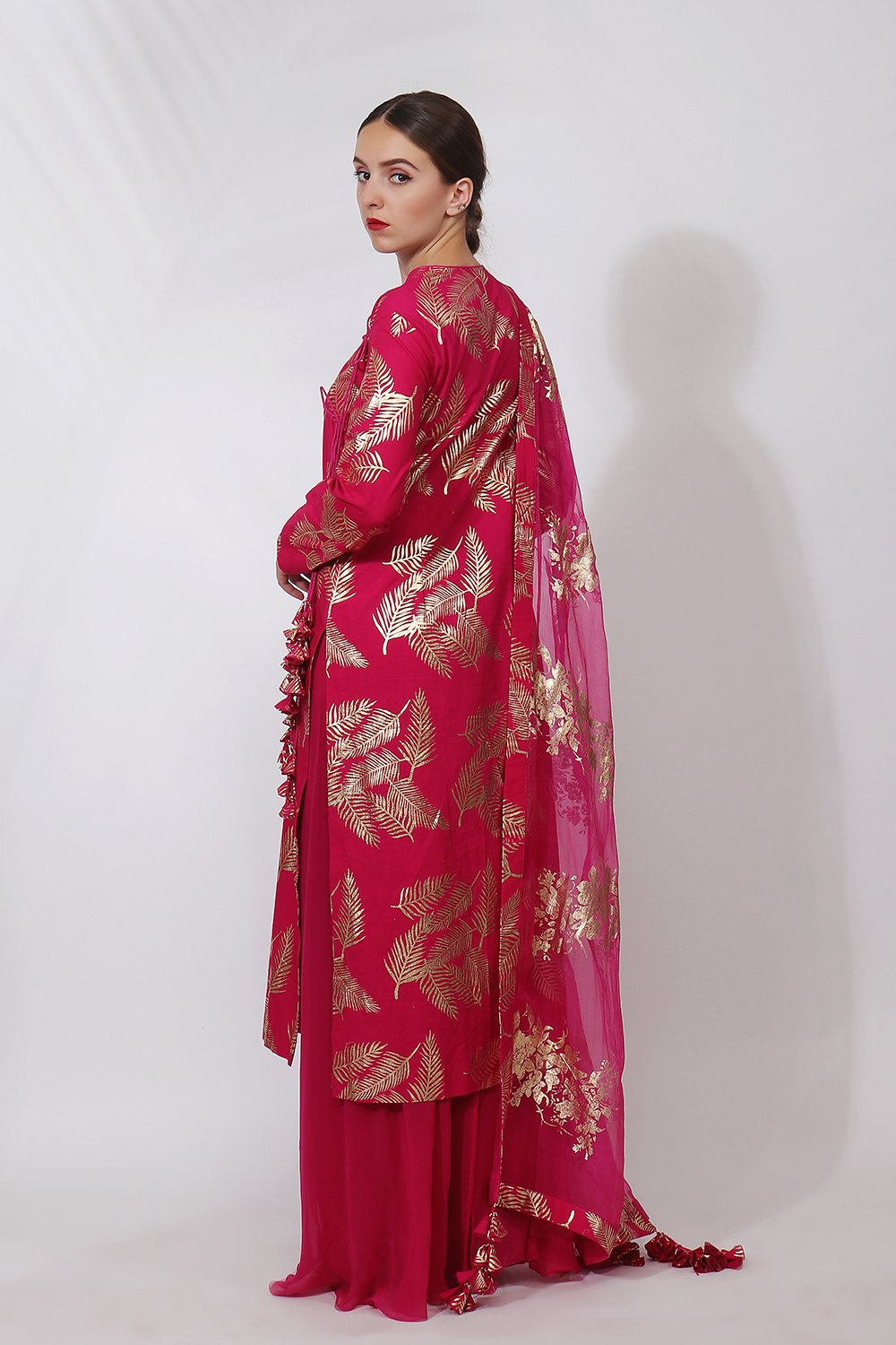 Angrakha style staight kurta with front open sharara and dupatta