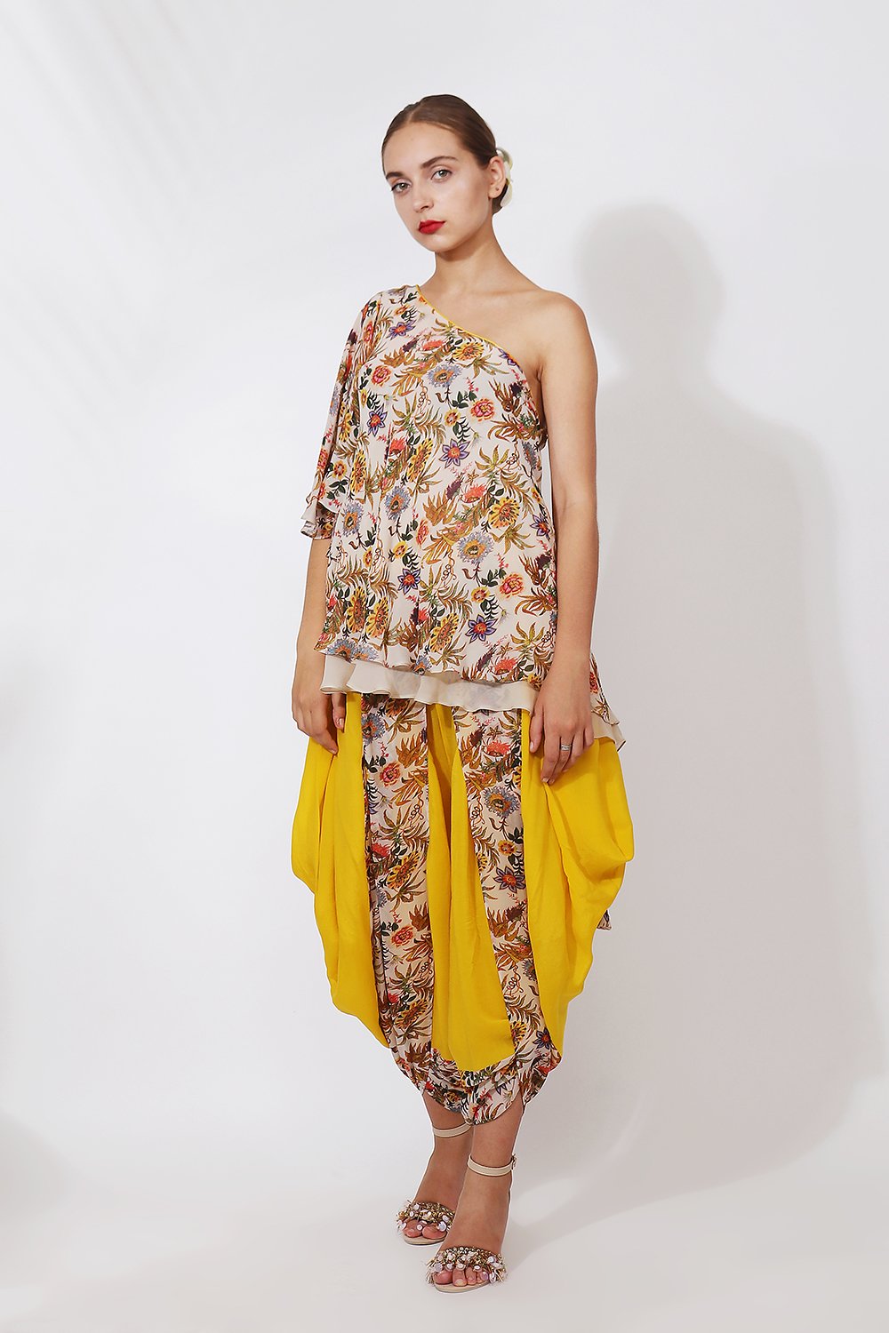 Off shoulder top with hand printed with panelled cowl dhoti