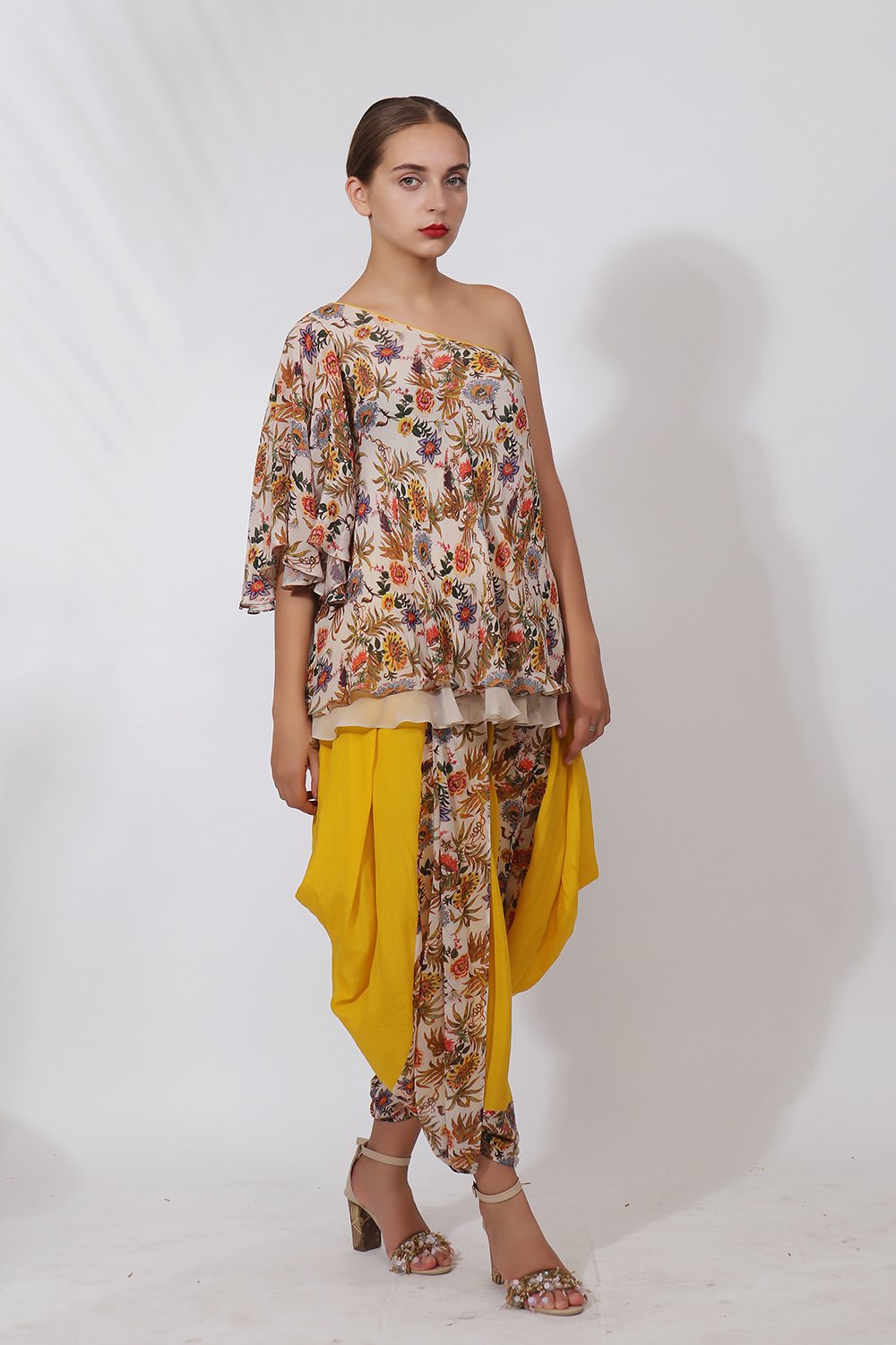 Off shoulder top with hand printed with panelled cowl dhoti