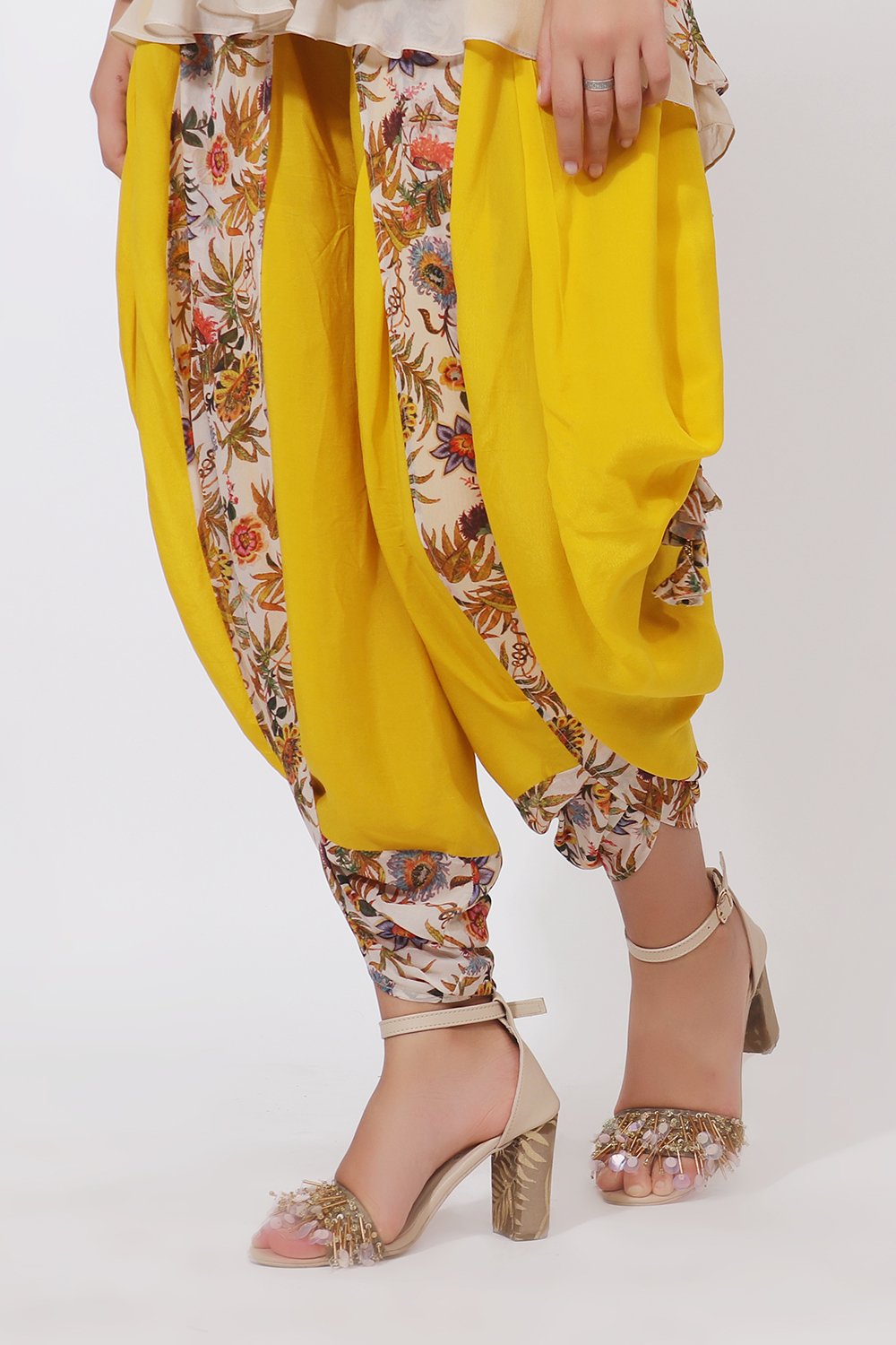 Off shoulder top with hand printed with panelled cowl dhoti