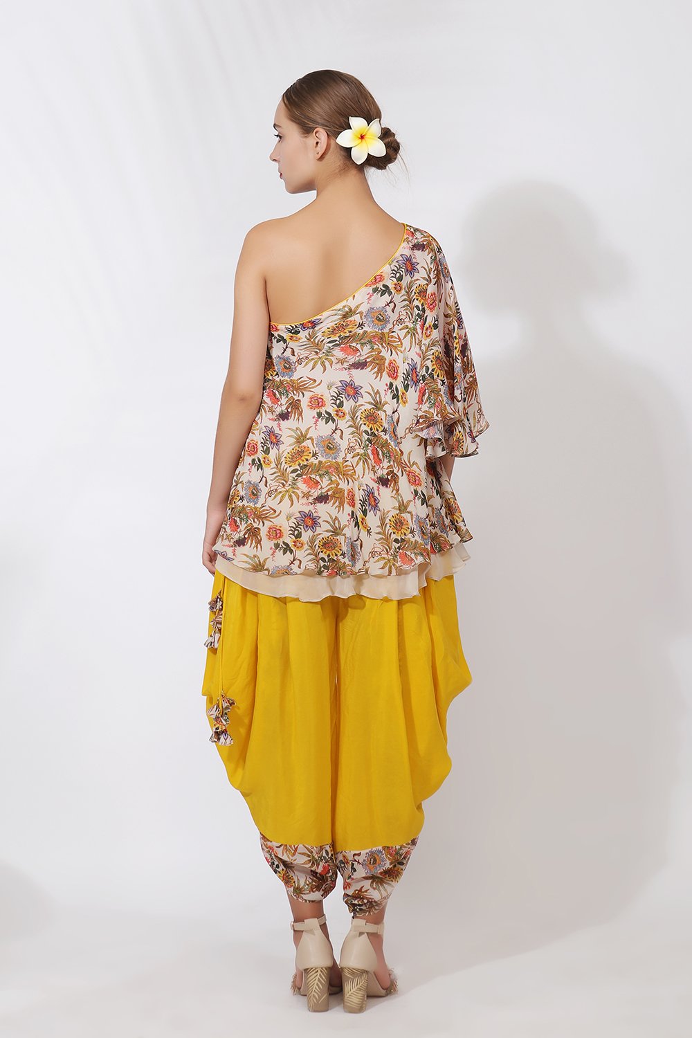 Off shoulder top with hand printed with panelled cowl dhoti