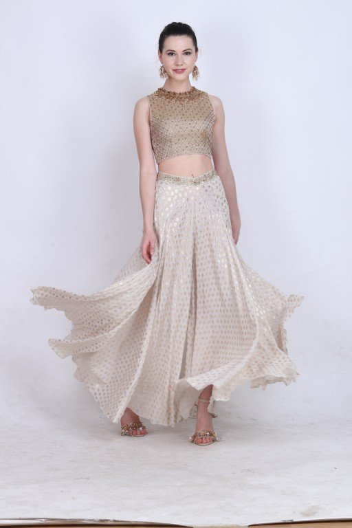 Brocade crop top with gold foil printed wide leg sharara