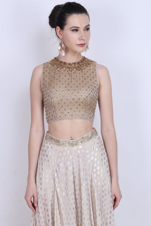 Brocade crop top with gold foil printed wide leg sharara
