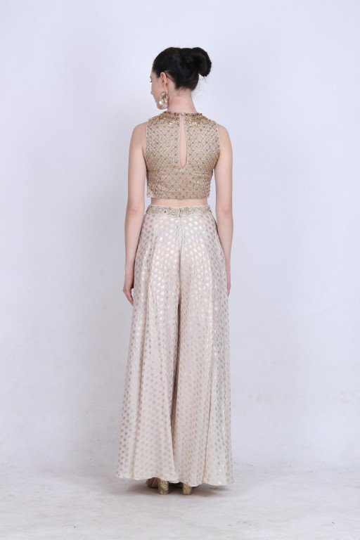 Brocade crop top with gold foil printed wide leg sharara