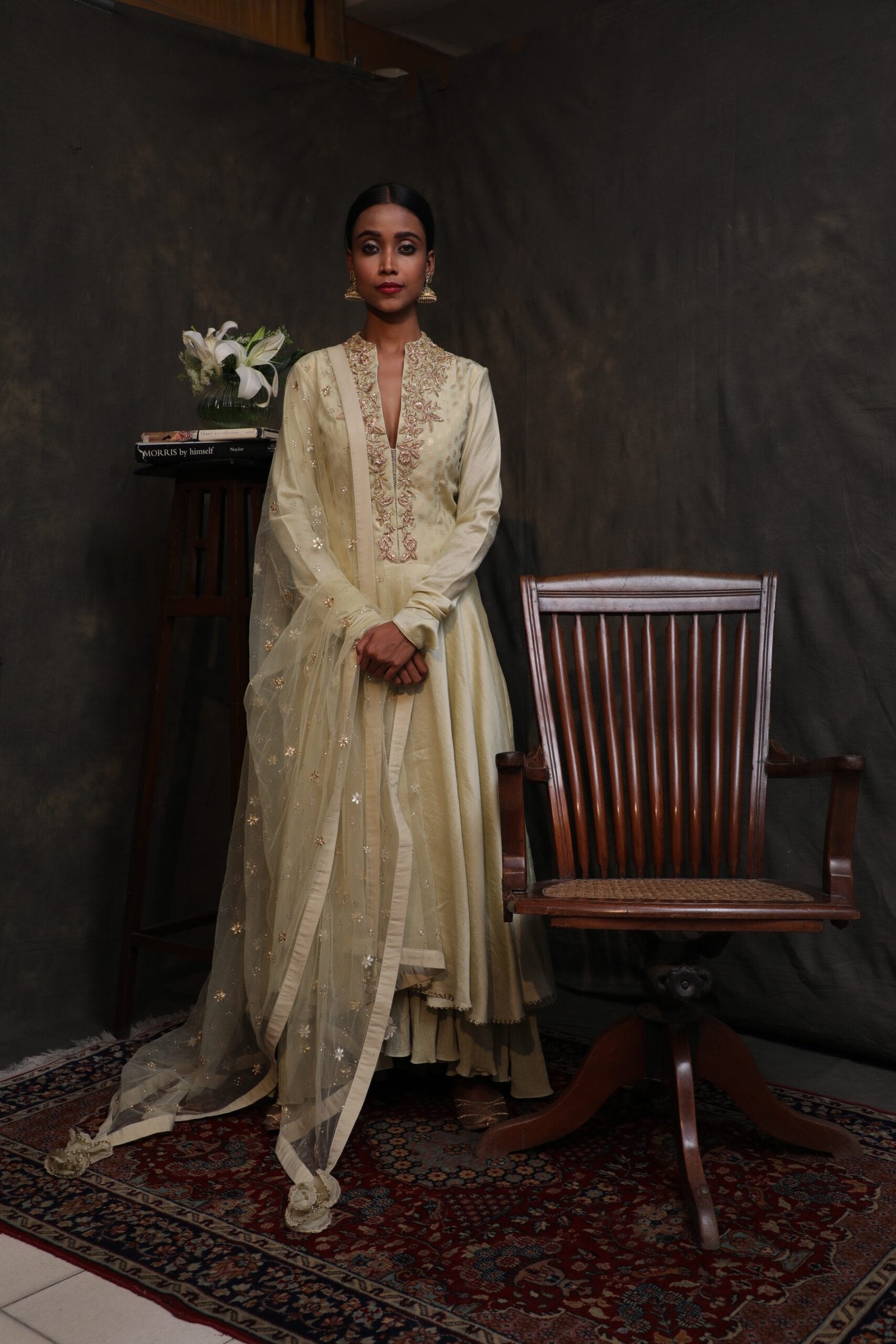 Antique jade, organdy silk kalidar with churidar and dupatta