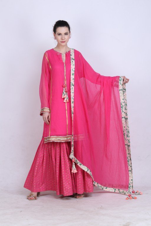 Hot pink kota doria kurta with a gold foil printed gathered sharara and kota doria dupatta.