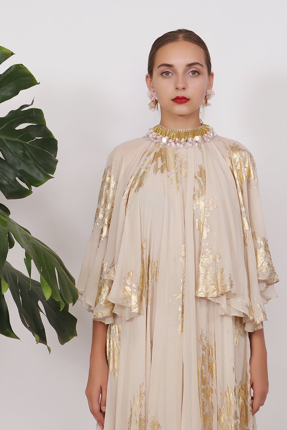 Gold printed bibi badal gathered dress with embroidery