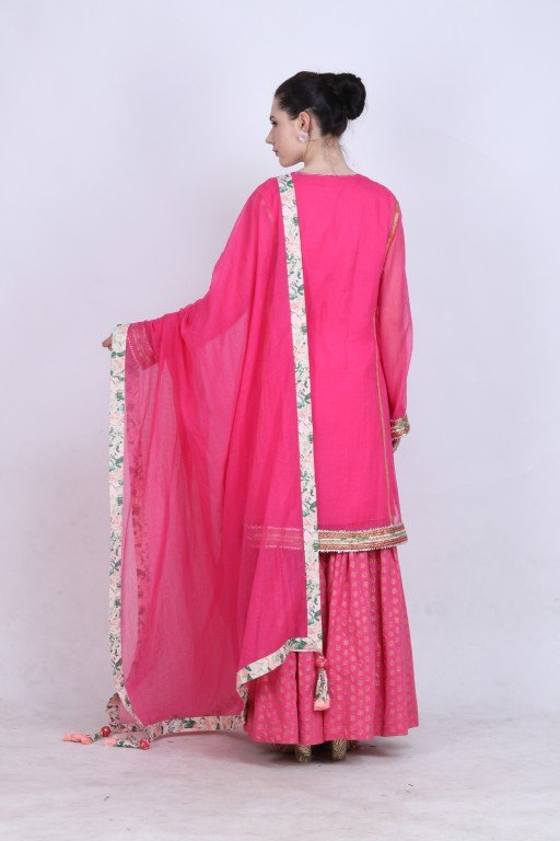 Hot pink kota doria kurta with a gold foil printed gathered sharara and kota doria dupatta.