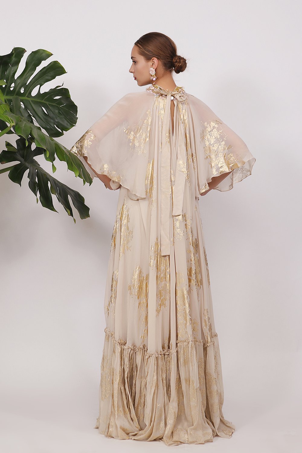 Gold printed bibi badal gathered dress with embroidery