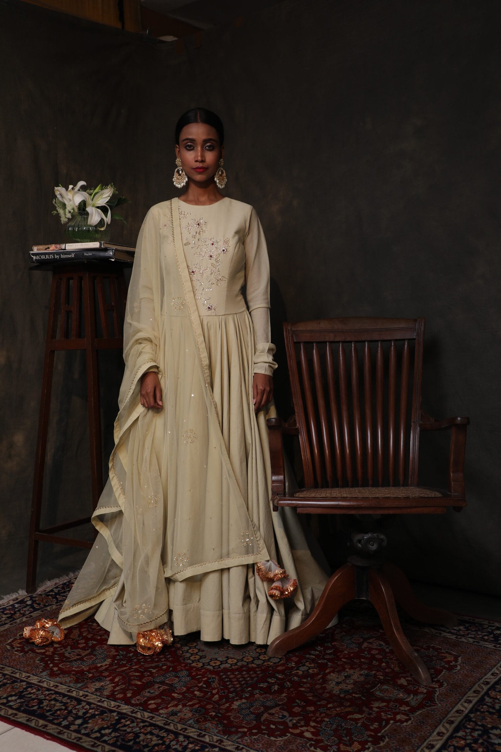 Antique jade cotton kalidar with  churidar and antique jade dupatta