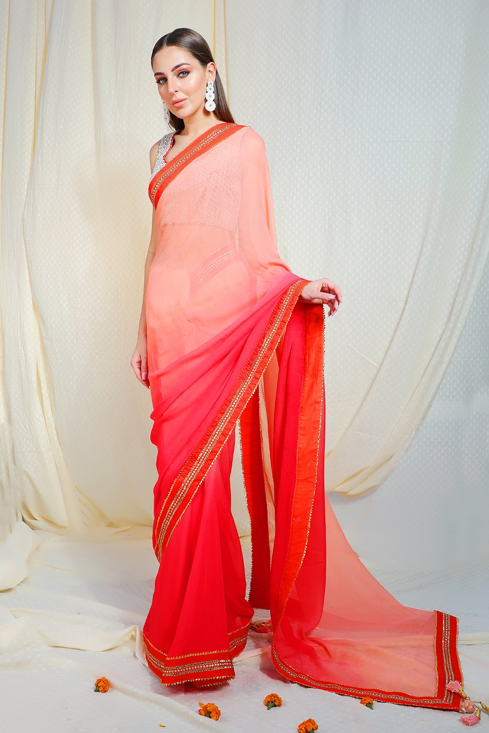 Ombre salmon to coral gajari chiffon saree with abla border
