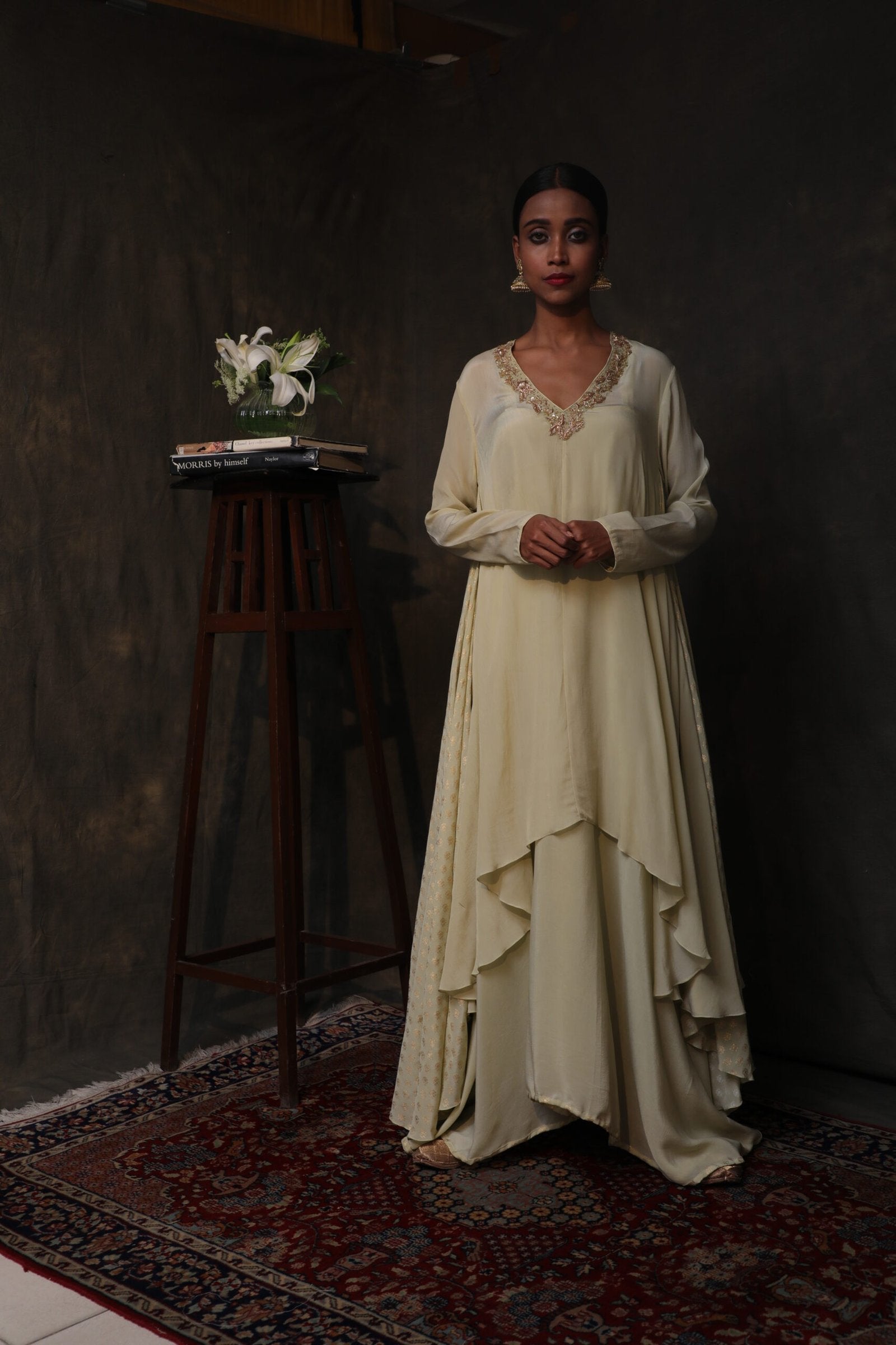 Antique jade crepe asymmetrical tunic with asymmetrical skirt