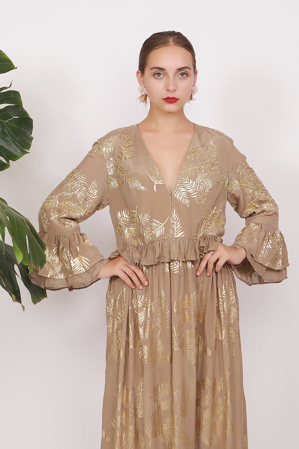 Gold printed frills and ruffled dress with some highlighting