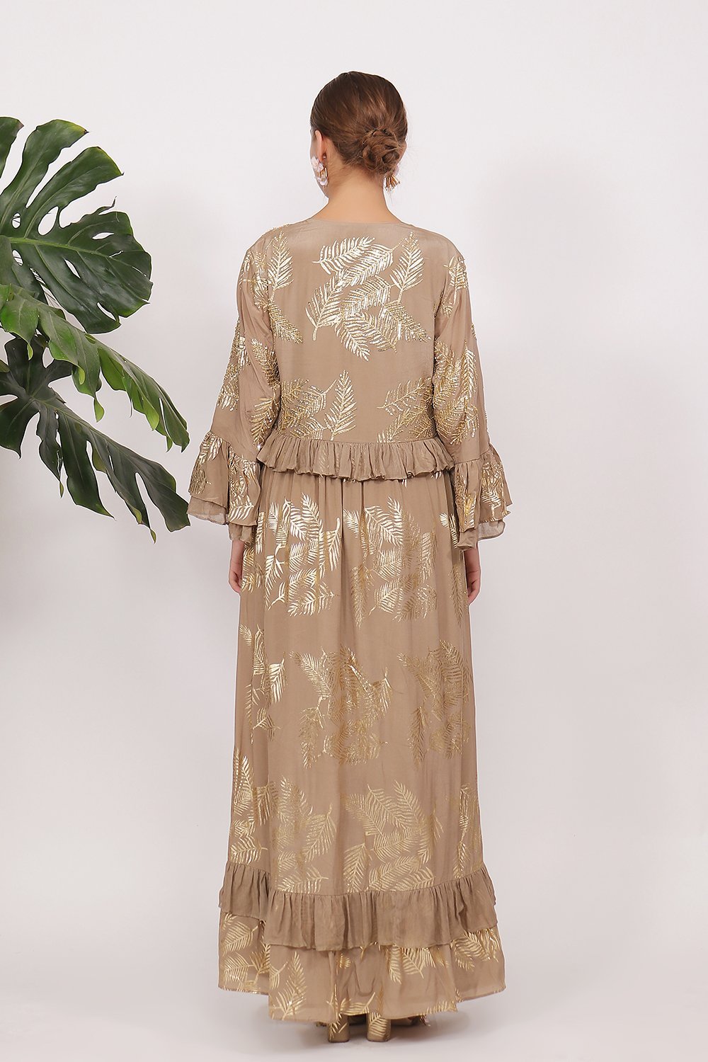 Gold printed frills and ruffled dress with some highlighting