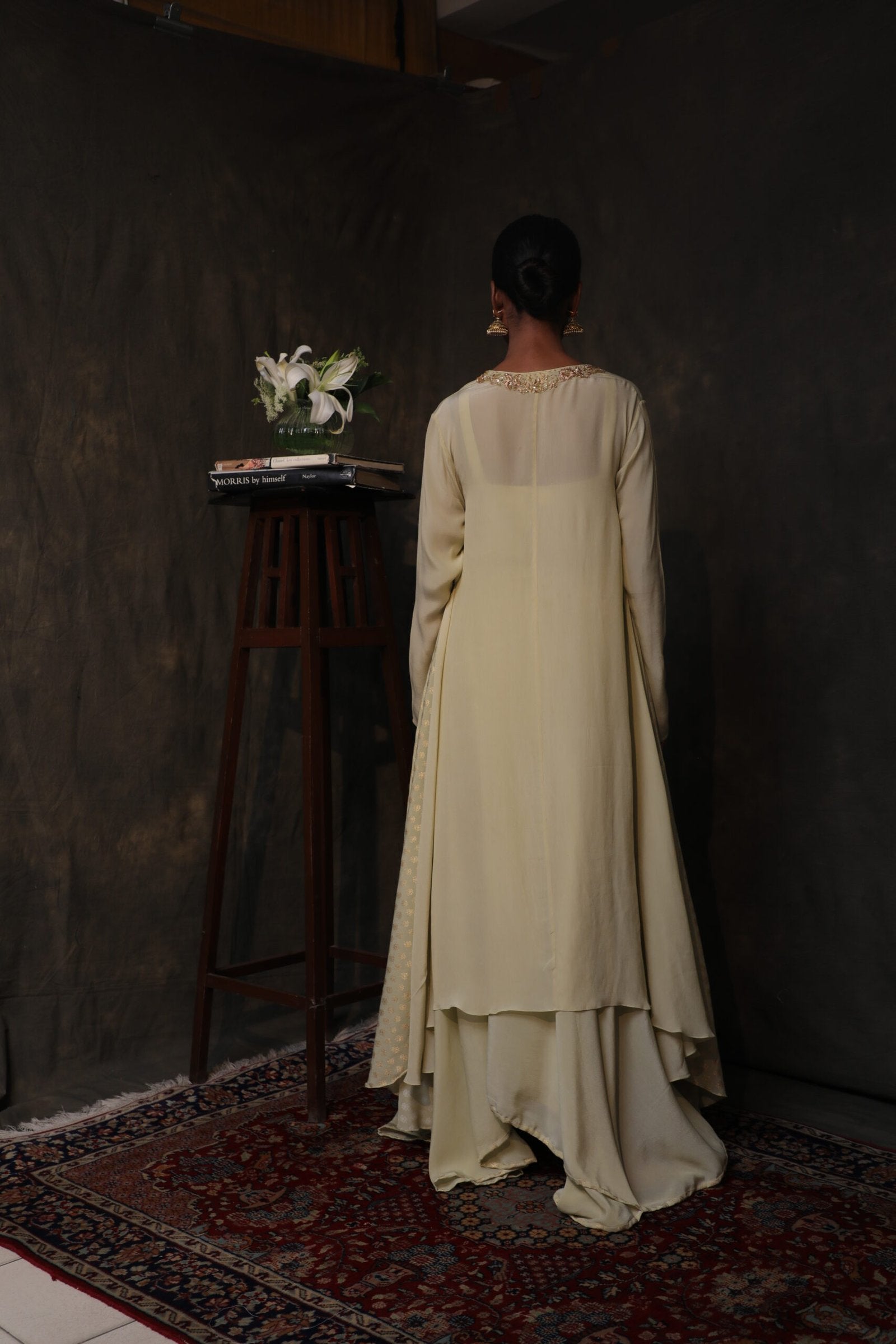 Antique jade crepe asymmetrical tunic with asymmetrical skirt