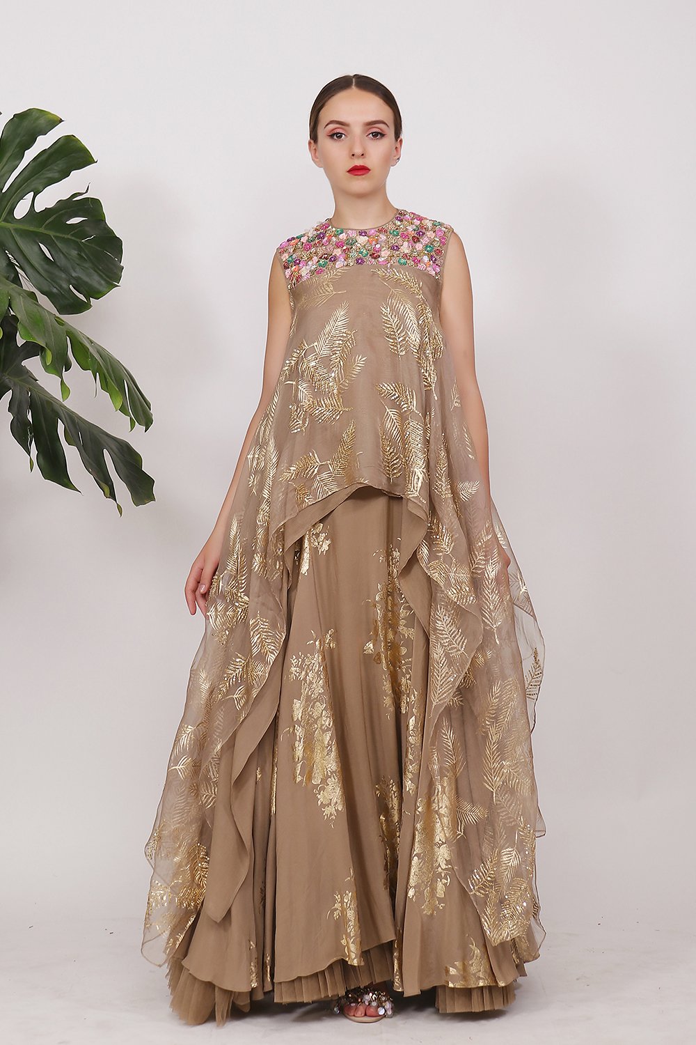 Asymmetrical tunic with gold printed lehanga