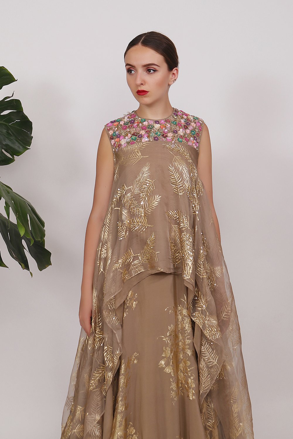 Asymmetrical tunic with gold printed lehanga