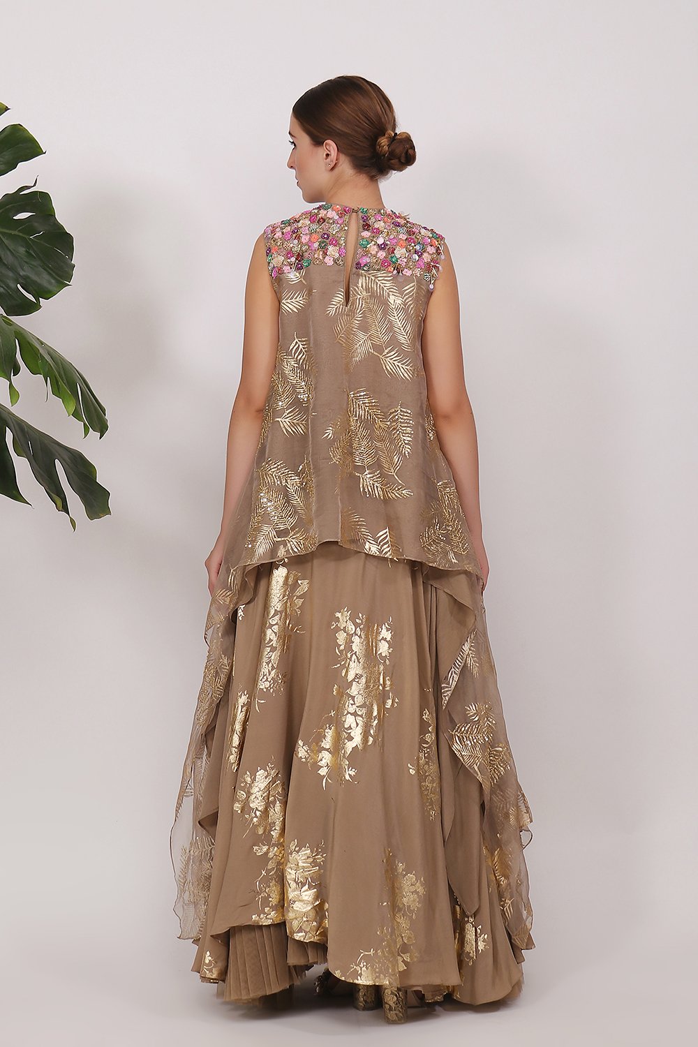 Asymmetrical tunic with gold printed lehanga