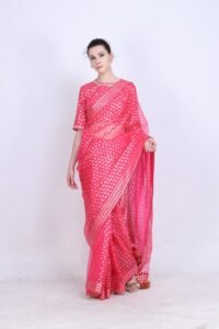 Crepe hot pink printed organza saree with a gold foil printed blouse