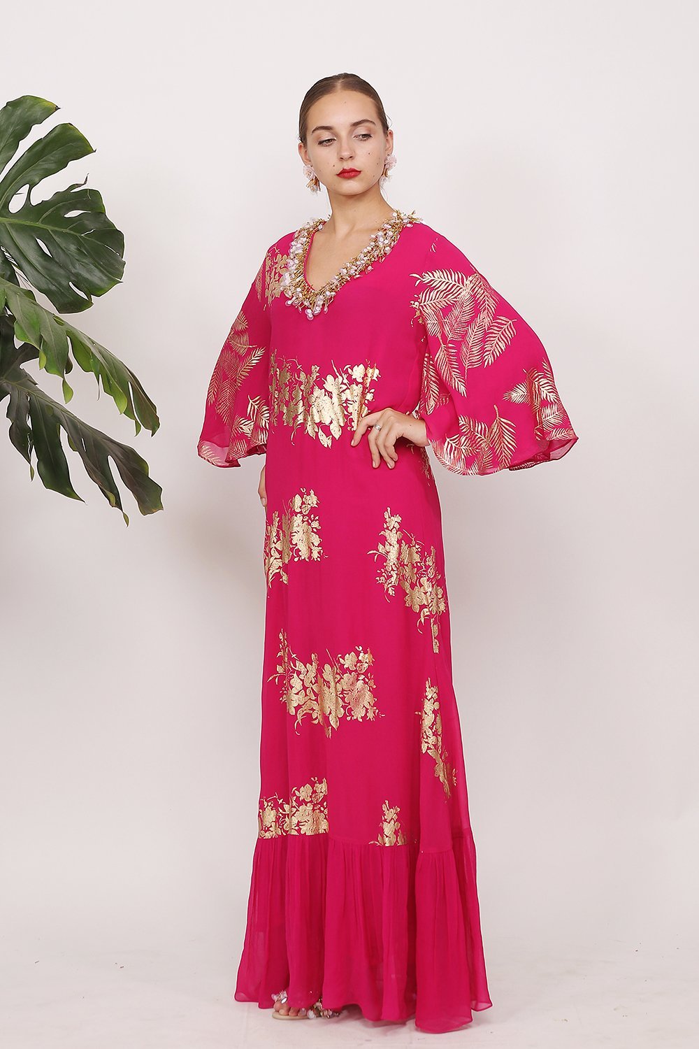 Gold printed a-line flore length frill dress with embroidered neckline